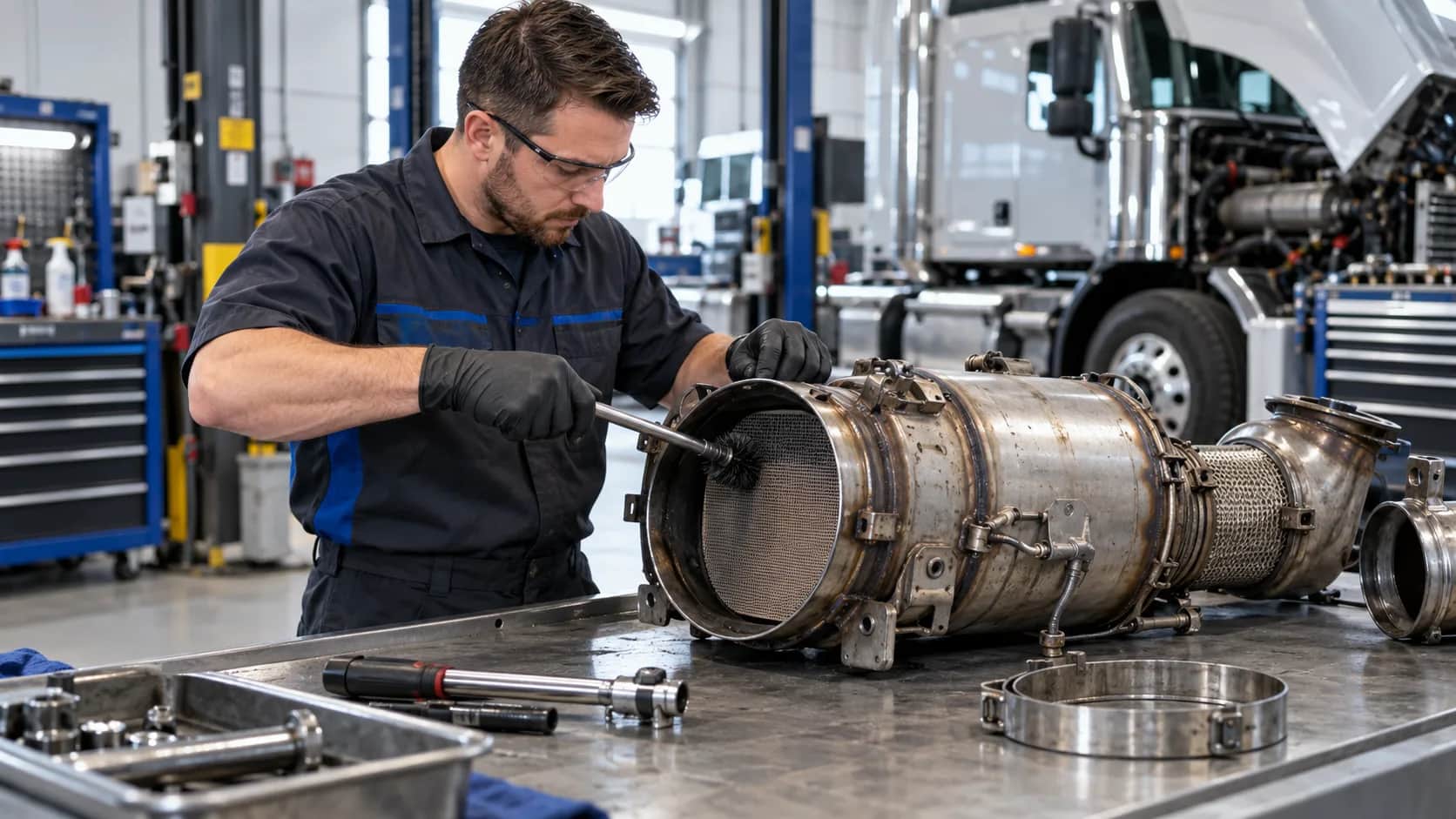 Technician cleaning a diesel particulate filter in the repair shop