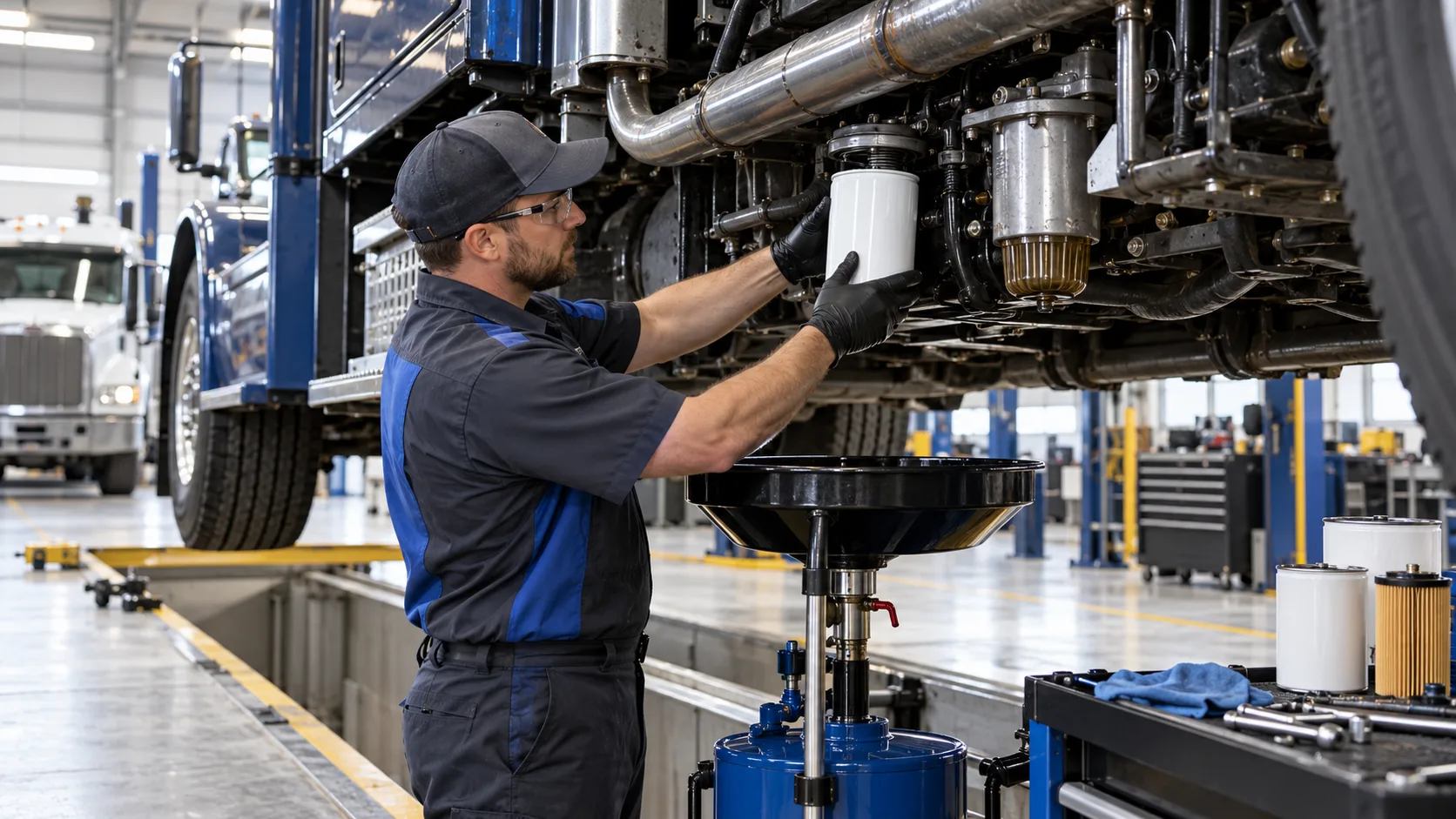 Technician performing a fluid and filter change on a heavy-duty truck